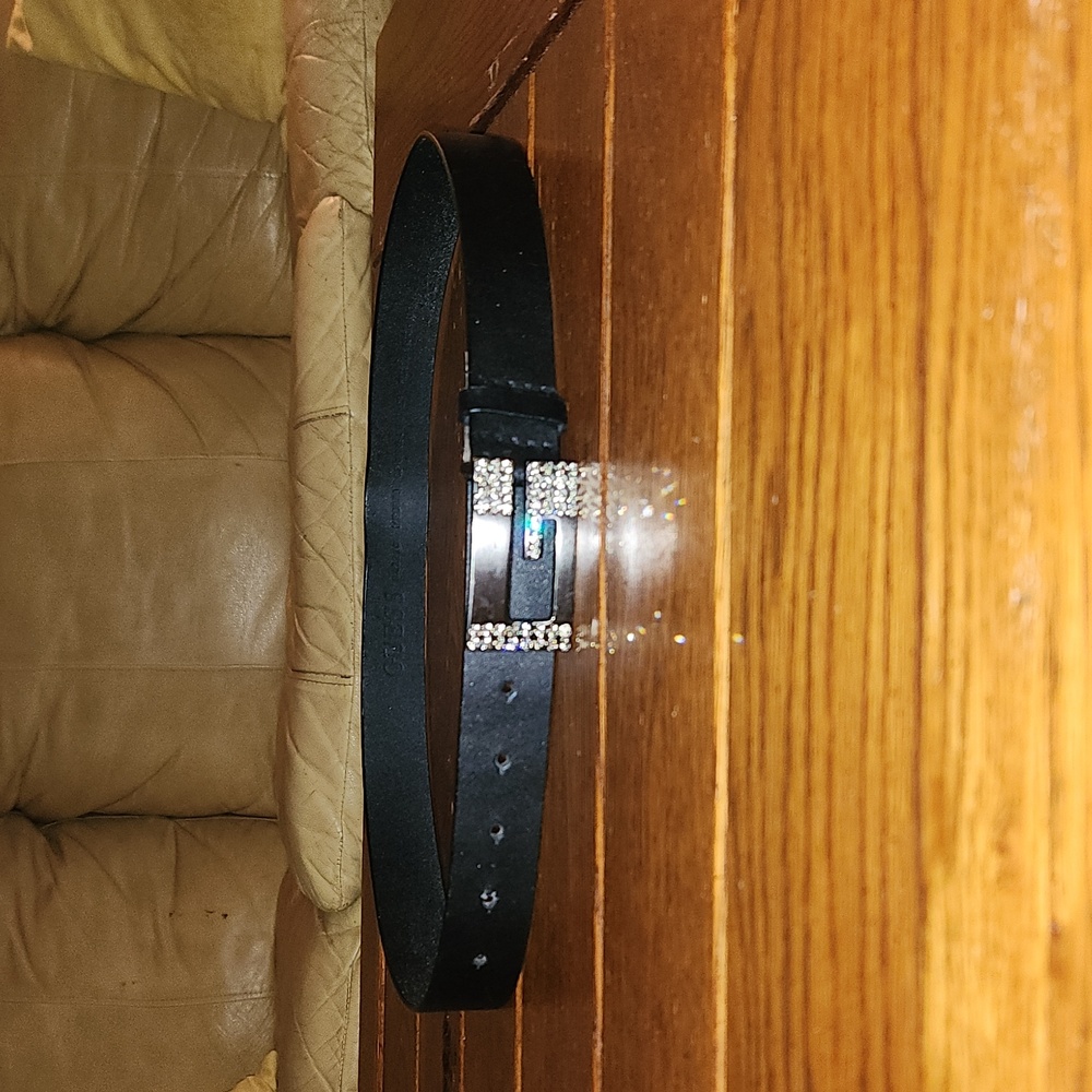 Black Leather Belt with Rhinestone G Buckle